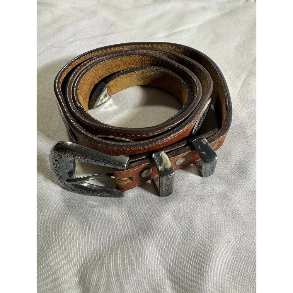 Brighton Brown Leather Western Belt Silver Etched Buckle Tip Cognac Size 30